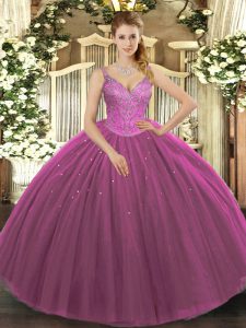 Delicate Tulle V-neck Sleeveless Lace Up Beading Sweet 16 Dresses in Fuchsia