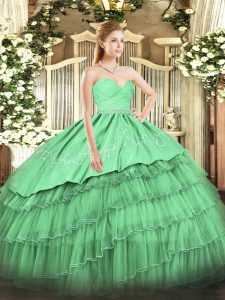 Super Green Sleeveless Beading and Lace and Embroidery and Ruffled Layers Floor Length Ball Gown Prom Dress