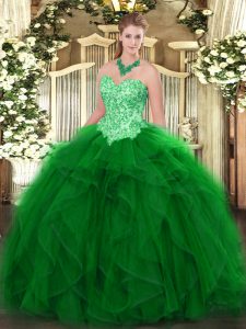 Vintage Floor Length Lace Up Quinceanera Dress Green for Military Ball and Sweet 16 and Quinceanera with Appliques and R