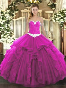 Spectacular Appliques and Ruffles Sweet 16 Dress Fuchsia Lace Up Sleeveless Floor Length
