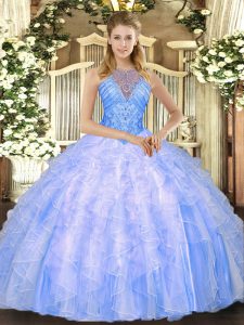 Sleeveless Organza Floor Length Lace Up Sweet 16 Quinceanera Dress in Blue with Beading and Ruffles