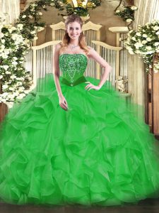 Extravagant Floor Length Green Ball Gown Prom Dress Organza Sleeveless Beading and Ruffles