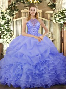 Blue Halter Top Lace Up Beading and Ruffles and Pick Ups Quinceanera Gowns Sleeveless