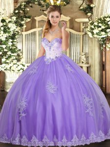 Sleeveless Floor Length Beading and Appliques Lace Up Quince Ball Gowns with Lavender