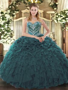Teal Ball Gowns Tulle Sweetheart Sleeveless Beading and Ruffled Layers Floor Length Lace Up Quinceanera Gown