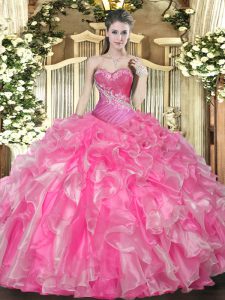Delicate Hot Pink Ball Gowns Sweetheart Sleeveless Organza Floor Length Lace Up Beading and Ruffles Sweet 16 Quinceanera