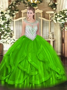 New Style Floor Length Quince Ball Gowns Tulle Sleeveless Beading and Ruffles