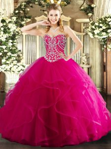 Top Selling Hot Pink Ball Gowns Tulle Sweetheart Sleeveless Beading and Ruffles Floor Length Lace Up Sweet 16 Dress