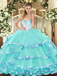 Fancy Turquoise Ball Gowns Beading and Ruffled Layers 15th Birthday Dress Lace Up Organza Sleeveless Floor Length
