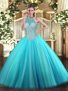 Noble Halter Top Sleeveless Lace Up Quince Ball Gowns Aqua Blue Tulle