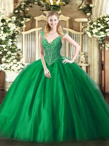 On Sale Beading Ball Gown Prom Dress Green Lace Up Sleeveless Floor Length