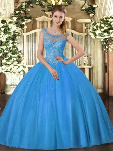 Low Price Sleeveless Tulle Lace Up Quinceanera Gown in Baby Blue with Beading