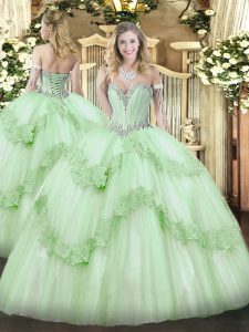 Unique Apple Green Sleeveless Beading and Appliques Floor Length Ball Gown Prom Dress