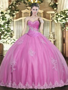 Rose Pink Ball Gowns Beading and Appliques Quince Ball Gowns Lace Up Tulle Sleeveless Floor Length