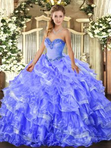 Top Selling Floor Length Blue 15th Birthday Dress Organza Sleeveless Beading and Ruffled Layers