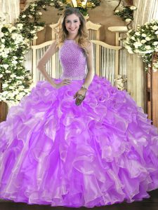 Simple Lavender Ball Gowns High-neck Sleeveless Organza Floor Length Lace Up Beading and Ruffles Sweet 16 Dresses