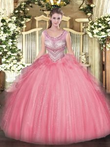 Artistic Watermelon Red Quince Ball Gowns Military Ball and Sweet 16 and Quinceanera with Beading and Ruffles Scoop Slee