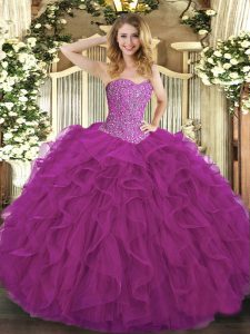 Fuchsia Ball Gowns Tulle Sweetheart Sleeveless Beading and Ruffles Floor Length Lace Up Sweet 16 Dresses
