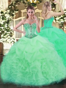 Vintage Apple Green 15th Birthday Dress Sweet 16 and Quinceanera with Beading and Ruffles and Pick Ups Sweetheart Sleeve