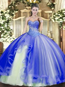 Shining Floor Length Blue Quinceanera Gown Tulle Sleeveless Beading and Ruffles