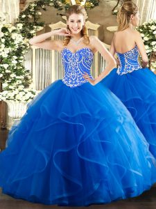 Floor Length Blue Quinceanera Dress Tulle Sleeveless Beading and Ruffles