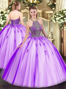 Halter Top Sleeveless Lace Up 15 Quinceanera Dress Eggplant Purple Tulle