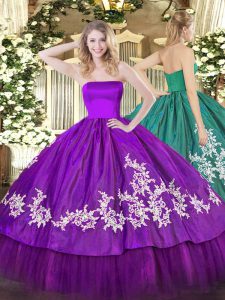 Glorious Purple Ball Gowns Organza and Taffeta Strapless Sleeveless Embroidery Floor Length Zipper Sweet 16 Dresses