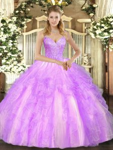 Flare V-neck Sleeveless Tulle Ball Gown Prom Dress Beading and Ruffles Lace Up