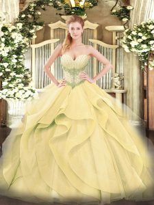Gold Ball Gowns Sweetheart Sleeveless Tulle Floor Length Lace Up Beading and Ruffles Sweet 16 Quinceanera Dress