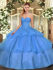 Vintage Baby Blue Lace Up Quinceanera Dress Beading and Ruffled Layers Sleeveless Floor Length