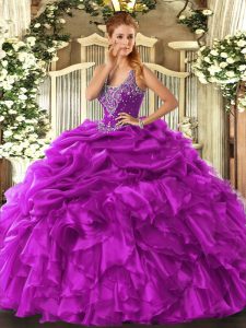 Fuchsia Ball Gowns Organza Straps Sleeveless Beading and Ruffles and Pick Ups Floor Length Lace Up Quinceanera Gown