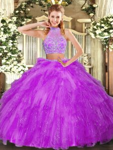 Tulle Halter Top Sleeveless Criss Cross Beading and Ruffles Quinceanera Dresses in Fuchsia