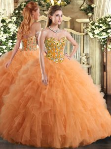 Floor Length Lace Up Quinceanera Gowns Orange for Military Ball and Sweet 16 and Quinceanera with Embroidery and Ruffles