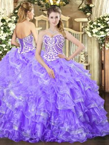 Super Lavender Ball Gowns Sweetheart Sleeveless Organza Floor Length Lace Up Beading and Ruffled Layers Sweet 16 Dress