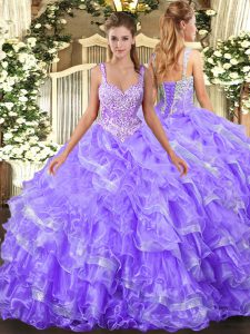 Stunning Lavender Straps Lace Up Beading and Ruffled Layers 15th Birthday Dress Sleeveless