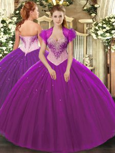 Sleeveless Floor Length Beading Lace Up 15 Quinceanera Dress with Eggplant Purple