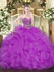 Decent Sleeveless Floor Length Beading and Ruffles Lace Up Ball Gown Prom Dress with Fuchsia