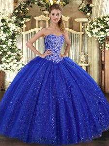 Royal Blue Sleeveless Beading Floor Length Quinceanera Gowns