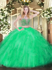 Green Two Pieces Tulle Scoop Sleeveless Beading and Ruffles Floor Length Lace Up Quinceanera Gown