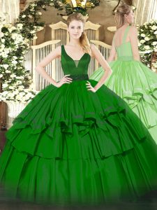 Enchanting Sleeveless Organza Floor Length Zipper Quinceanera Dress in Green with Beading and Ruffled Layers