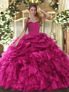 Pretty Hot Pink Lace Up Halter Top Ruffles and Pick Ups Sweet 16 Dress Organza Sleeveless