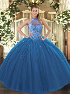 Navy Blue Tulle Lace Up Quinceanera Dresses Sleeveless Floor Length Beading and Embroidery