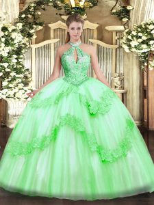 Eye-catching Apple Green Ball Gowns Appliques and Sequins Quinceanera Dresses Lace Up Tulle Sleeveless Floor Length