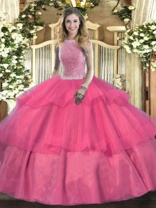 Stunning High-neck Sleeveless Sweet 16 Quinceanera Dress Floor Length Beading and Ruffled Layers Hot Pink Tulle