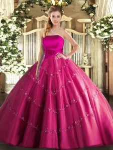 Latest Hot Pink Sleeveless Tulle Lace Up Quinceanera Gowns for Military Ball and Sweet 16 and Quinceanera
