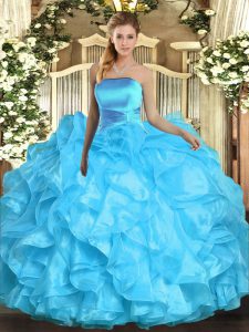 Aqua Blue Ball Gowns Strapless Sleeveless Organza Floor Length Lace Up Ruffles Quinceanera Dress