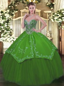 Custom Made Sweetheart Sleeveless Sweet 16 Dress Floor Length Beading and Embroidery Green Taffeta and Tulle