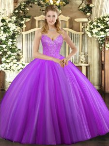 Artistic Eggplant Purple Sleeveless Floor Length Beading Lace Up Quinceanera Gowns