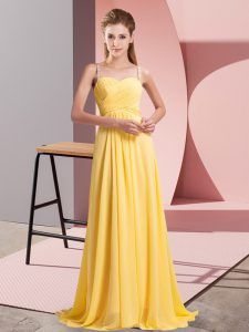 Simple Floor Length Gold Prom Evening Gown Spaghetti Straps Sleeveless Lace Up
