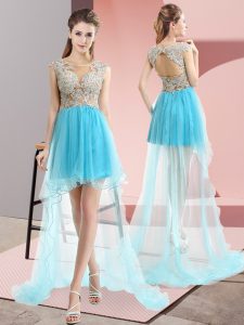 High Low Aqua Blue Prom Dresses Scoop Sleeveless Sweep Train Lace Up